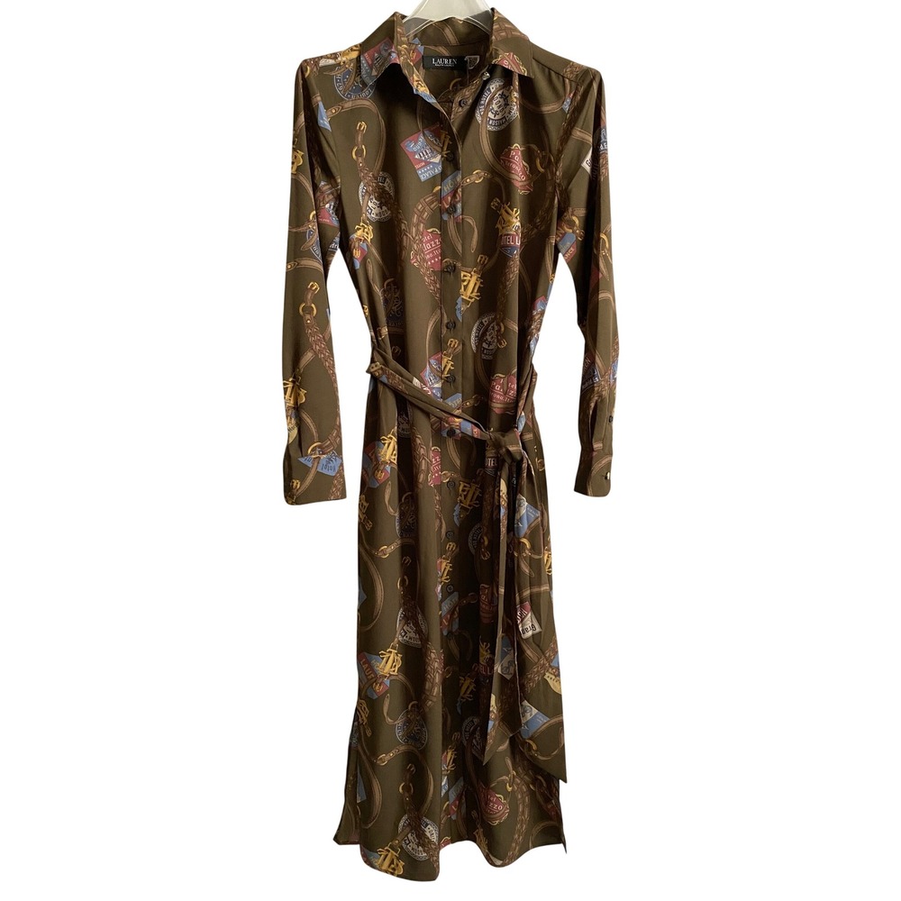 Lauren Ralph Lauren Belting Print Crepe Shirtdress Farm Olive Travel Motif Sz 0